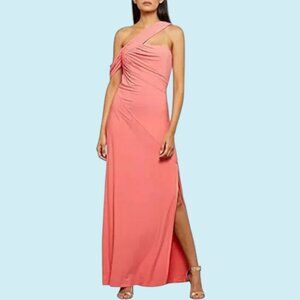 BCBGMAXAZRIA Dress Medium Coral One Shoulder Gathered Side Slit Column Gown NWT